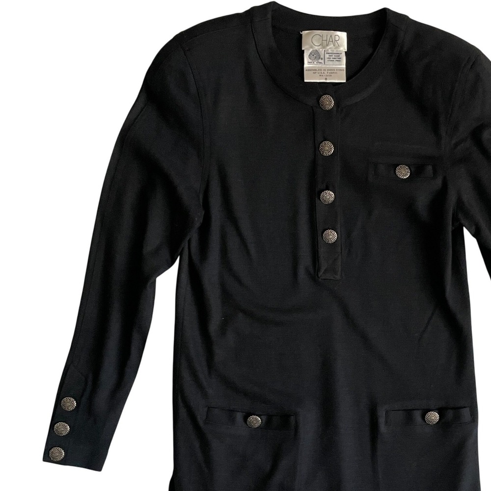 CHAR Wool Mini Dress Button‎ Front Long Sleeve Vintage Chic Black Size 8